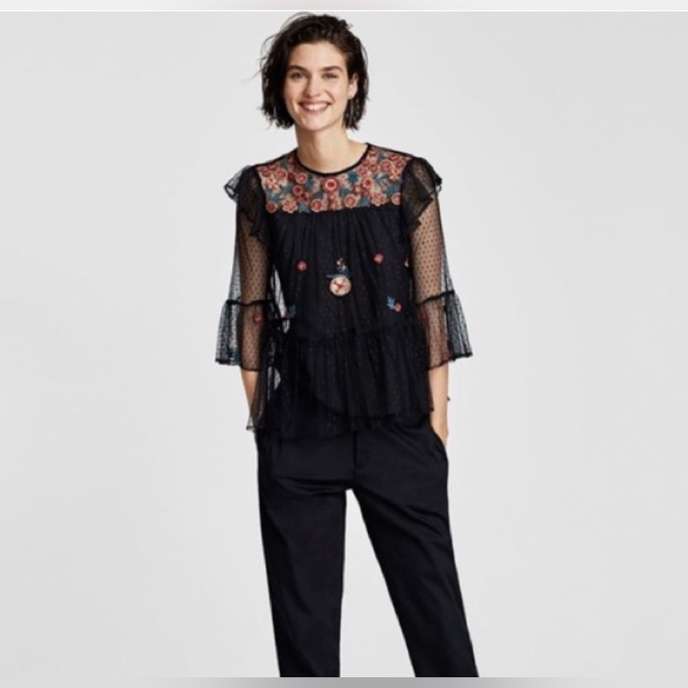 Zara Black Sheer Blouse with Floral Embroidery - Picture 3 of 12